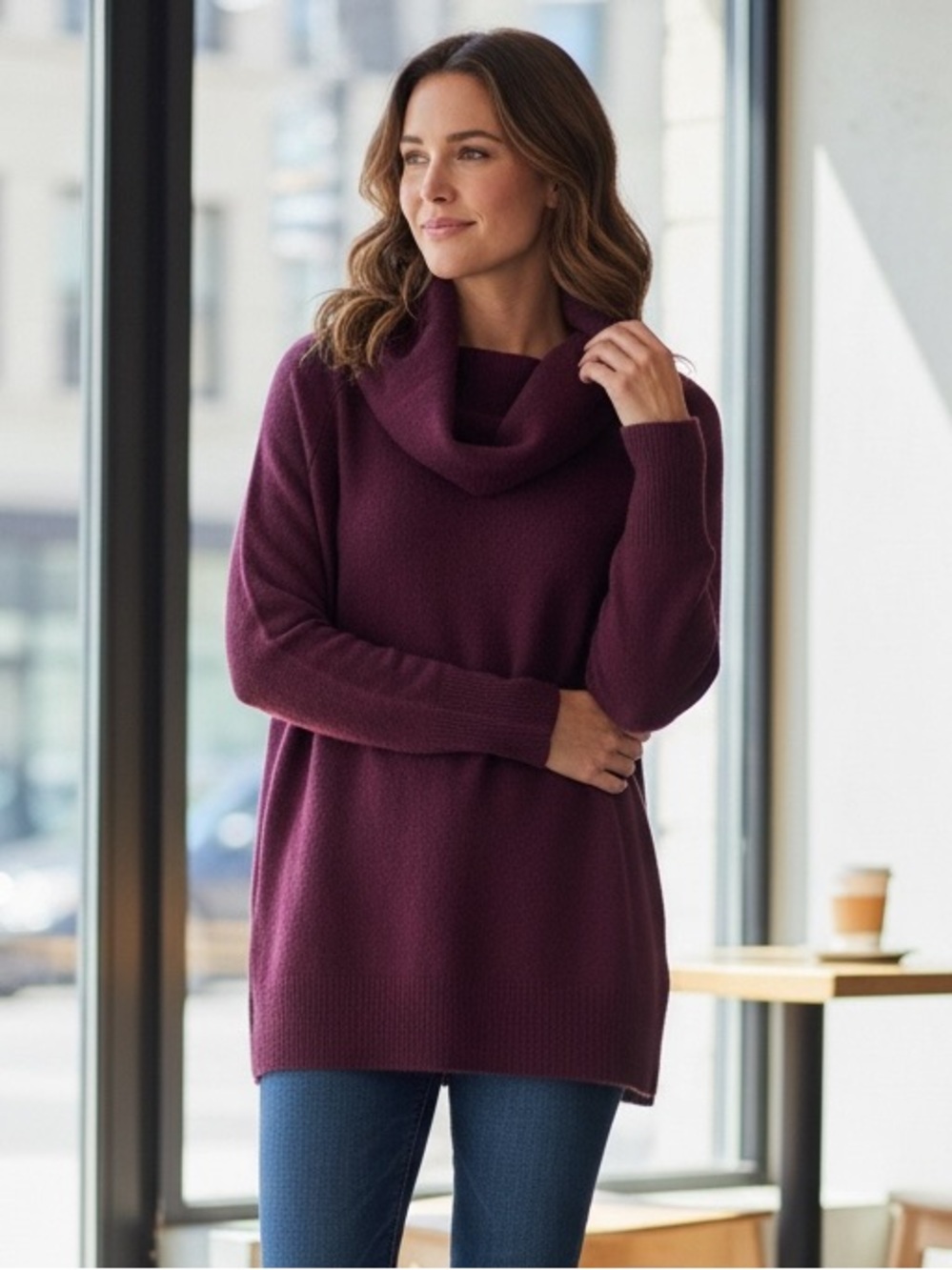 DKNY Jeans Long Tunic Cowl Neck Burgundy Slight Hi/Lo Hem Sweater Size L
